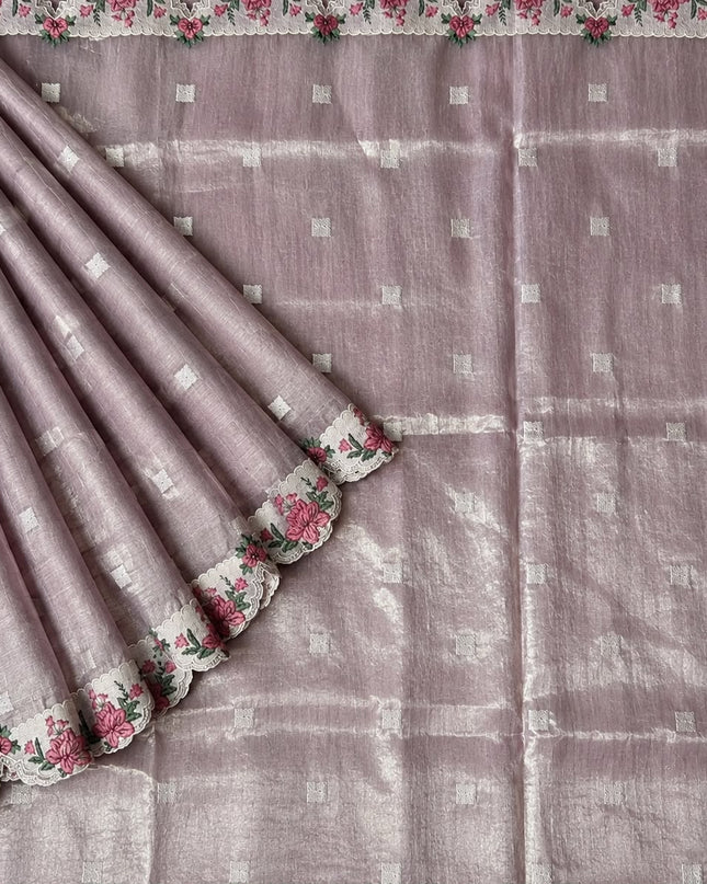 Linen Tissue Saree with square boxes Butties and Cross stich Scallop Border - Onion Pink