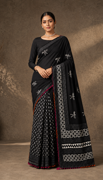 Mul Cotton Saree With Digital Print and Lace Border -Black