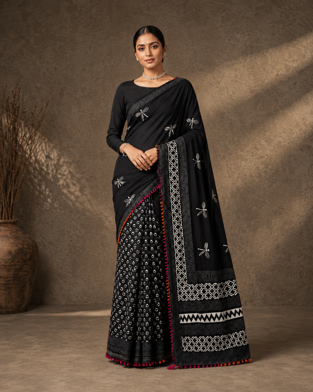 Mul Cotton Saree With Digital Print and Lace Border -Black