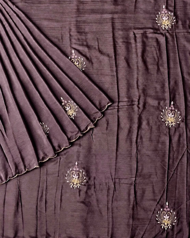 Soft Crush  Saree With Kardhana Sequences Work and Scallop Border -Brown