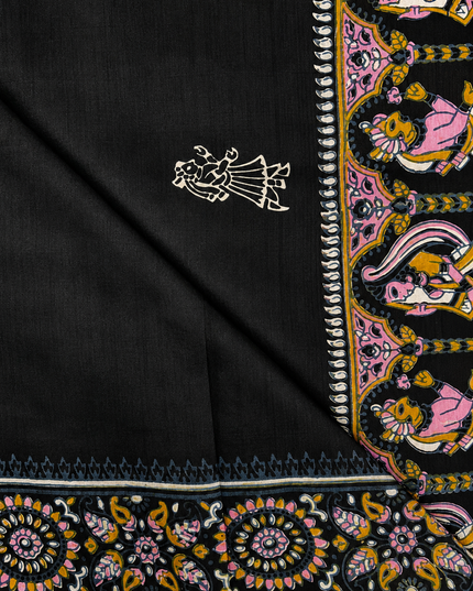 Pure Silk Saree With All Over Kalamkari Design With Borderless Saree  - Black