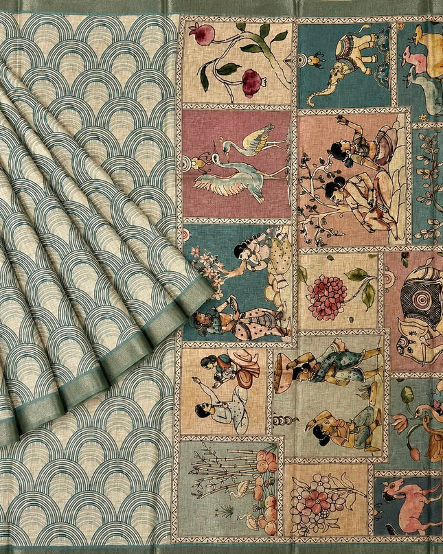 Tusser Silk Saree With Arch Print and Golden Border   - Sage Green