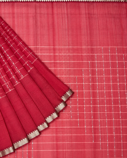 Mangaligiri Silk  Saree with  Thread  Weaving Checks Design and Golden Zari Temple  Border -  Rani Pink