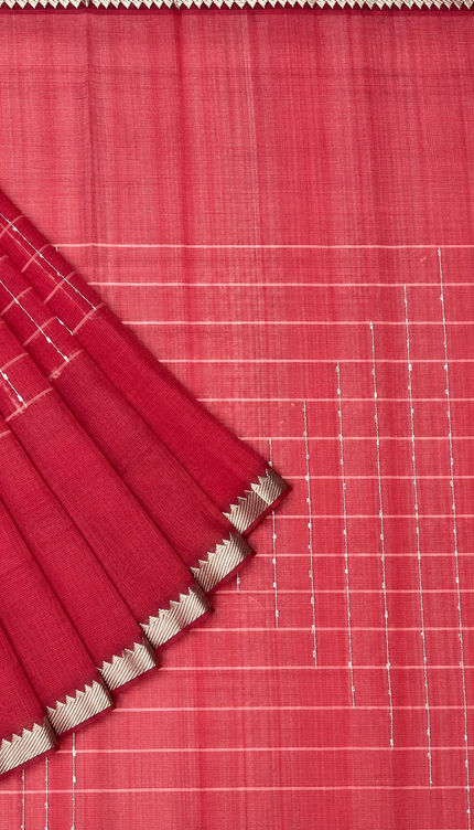 Mangaligiri Silk  Saree with  Thread  Weaving Checks Design and Golden Zari Temple  Border -  Rani Pink