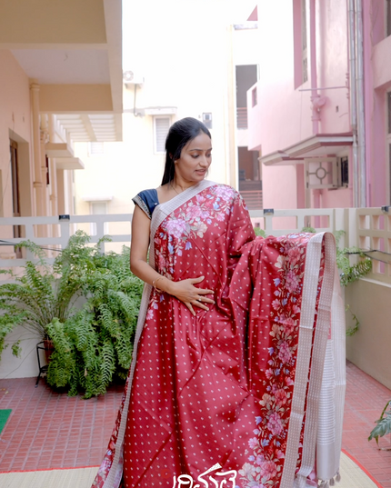 Tusser Silk Saree with Floral Print and Subtle Vertical Stripes and Small Delicate Motifs- Maroon