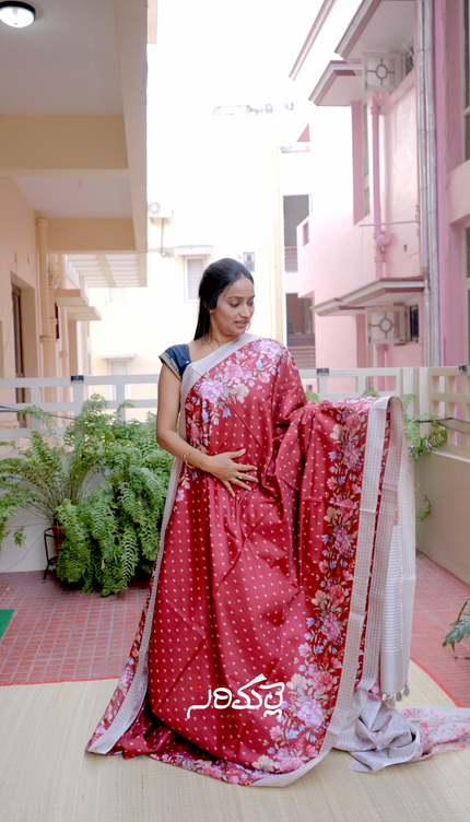 Tusser Silk Saree with Floral Print and Subtle Vertical Stripes and Small Delicate Motifs- Maroon