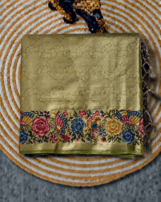 Tissue Banaras Saree with Pet point Border- Green