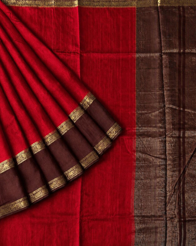Dola Silk Saree with Small Elephant Design Gap Border - Red
