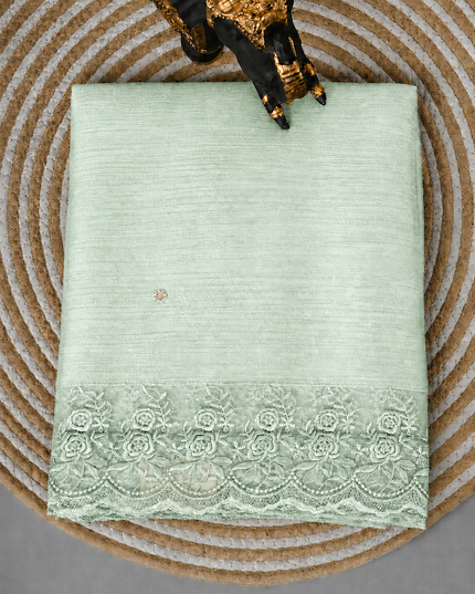 Malai Chanderi Saree with Allover small mirror work and  Thread Embroidery  Scallop Border  - Pista Green