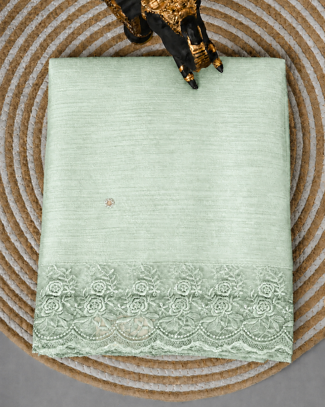 Malai Chanderi Saree with Allover small mirror work and  Thread Embroidery  Scallop Border  - Pista Green