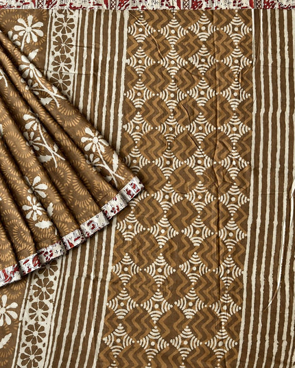 Mul Cotton Saree with Hand Block Print Border- Beige