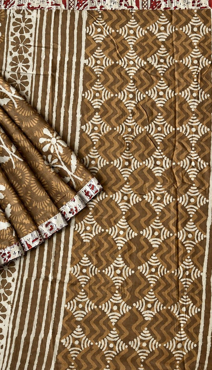Mul Cotton Saree with Hand Block Print Border- Beige