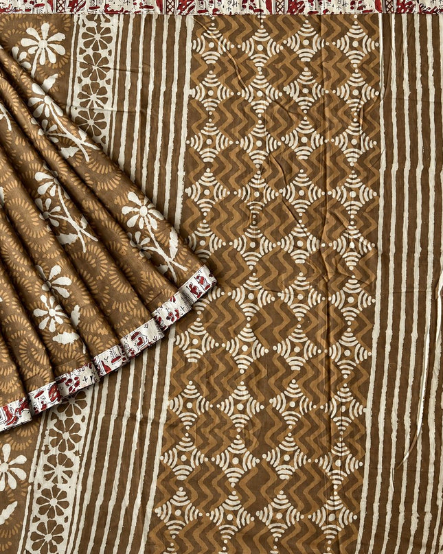 Mul Cotton Saree with Hand Block Print Border- Beige