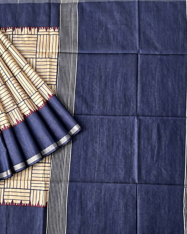 Tusser Saree with Checks Design and contrast Border -  Beige & Navy