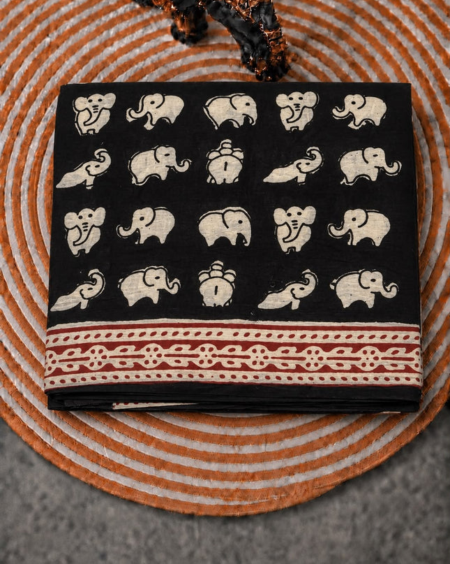 Mul Cotton Saree with  Elephant Printed - Black