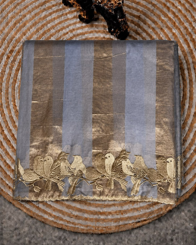 Soft Orznga  Saree With Tissue Stripes and Thread Embroidery Work Scallop Border  - Lavender