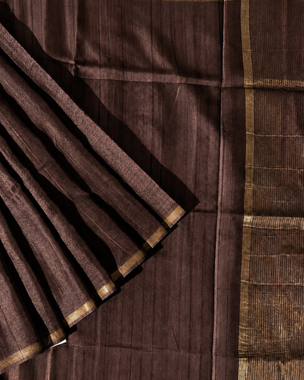 Tusser Silk Saree with Weaving Thread Stripes and  Small Golden Zari Border  -  Coffee Brown