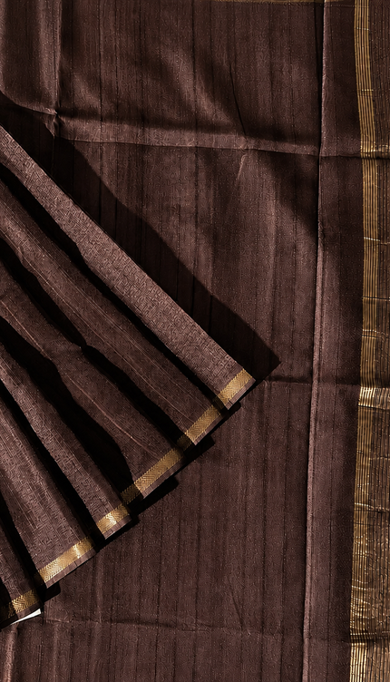 Tusser Silk Saree with Weaving Thread Stripes and  Small Golden Zari Border  -  Coffee Brown