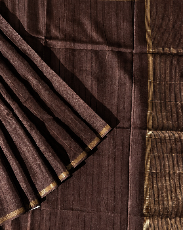 Tusser Silk Saree with Weaving Thread Stripes and  Small Golden Zari Border  -  Coffee Brown