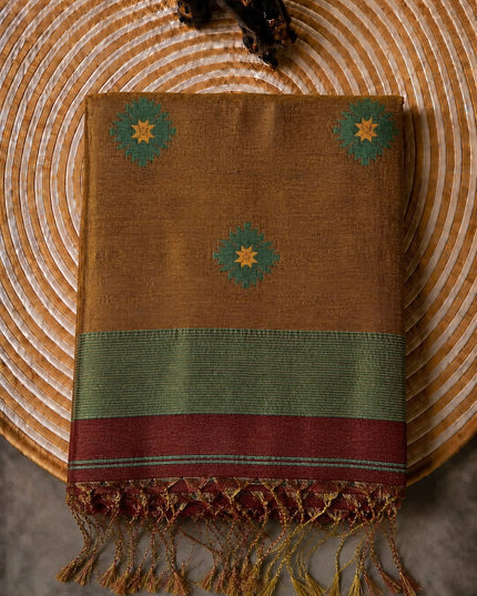 Tusser Silk Saree  With Thread Weaving Butties  With Golden Border-  Maroon