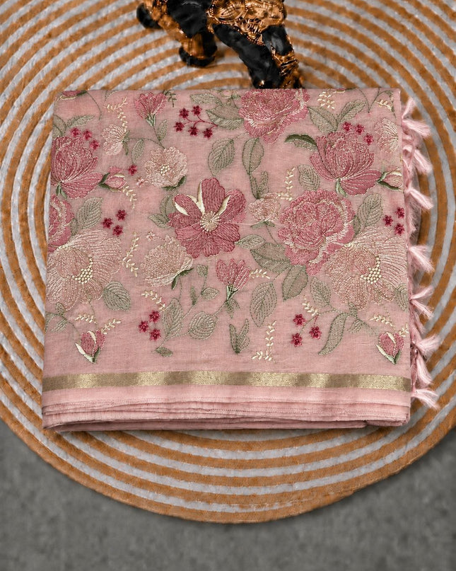 Mul  chanderi saree with thread embroidery Work and Small Border -  Baby Pink