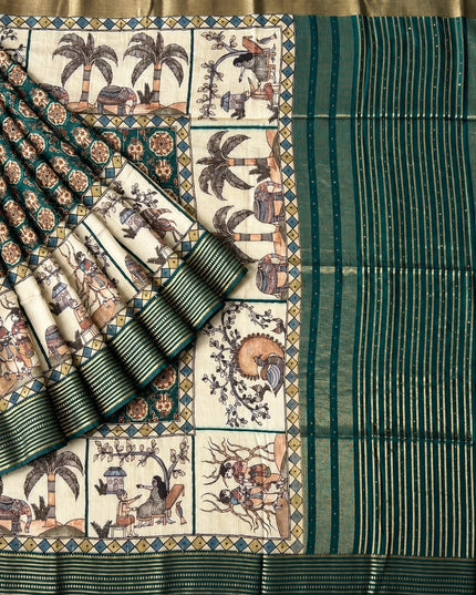 Mangalagiri saree with Potola Print and contrasting border - Pista Green