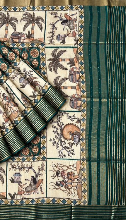 Mangalagiri saree with Potola Print and contrasting border - Pista Green