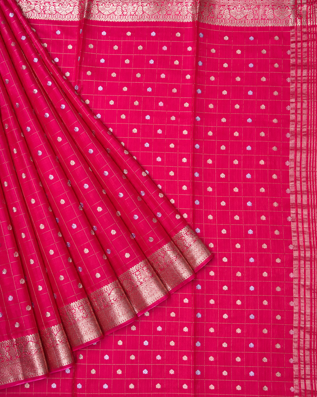 Chinon Silk Saree  with Golden Zari  Weaving Checks Design With Small Butties  Contrast Golden Zari Border -Magenta