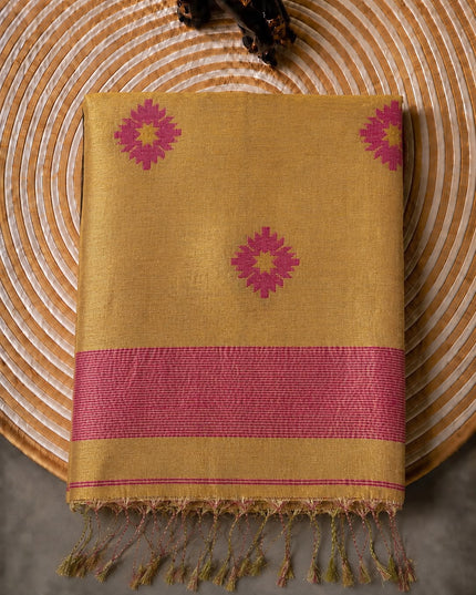 Tusser Silk Saree  With Thread Weaving Butties  With Golden Border- Gold