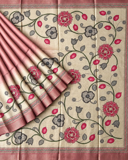 Tusser Saree with Floral and Golden Checks Design and Golden  Border - Peach