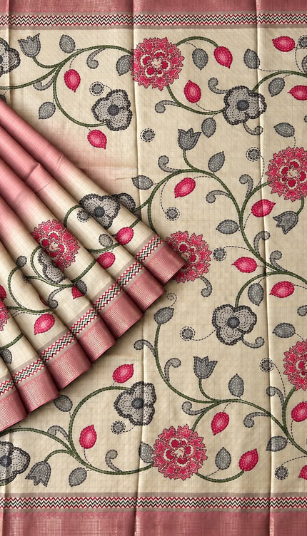 Tusser Saree with Floral and Golden Checks Design and Golden  Border - Peach