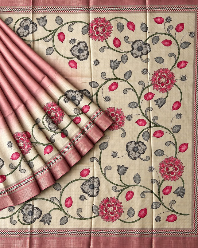 Tusser Saree with Floral and Golden Checks Design and Golden  Border - Peach