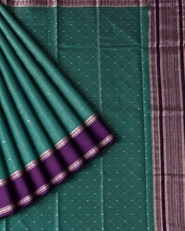 Munga Silk Saree With All over Oosi Design and Small Gold Butties  Contrast Border-  Greenpy