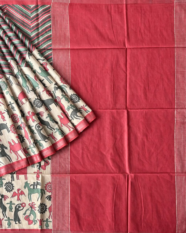 Semi Tusser Saree with Zig Zag Print and Warly Print and contrast Border - Pink