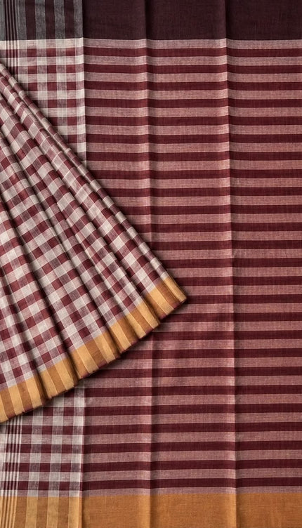 Cotton Saree With Checks Design and Tassels - Maroon