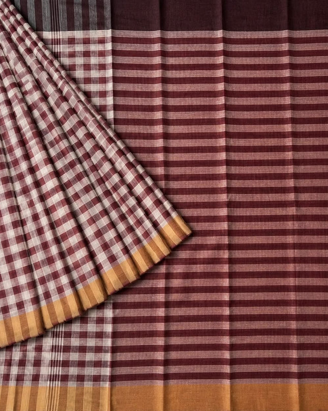 Cotton Saree With Checks Design and Tassels - Maroon