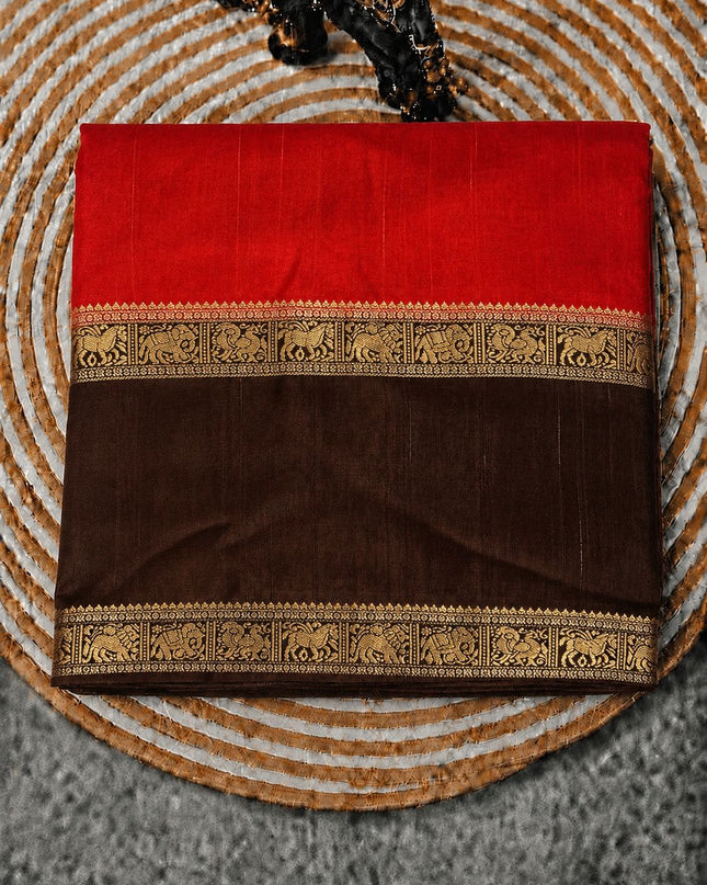 Dola Silk Saree with Small Elephant Design Gap Border - Red