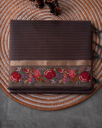 Linen Tissue Saree with Multi Stripes and Pichwai Border -  Coffee Brown