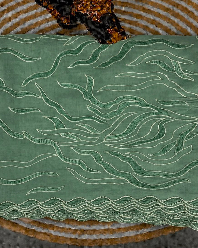 Mul Chanderi Saree with Abstract Thread work Scallop Border- Sea Green