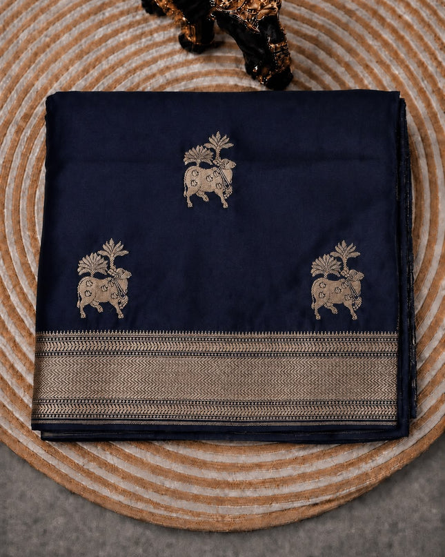 Mashru Banaras saree with Pichwai  Weaving Buttes and  Kaddi Border -Navy