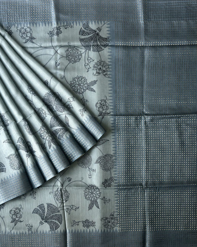 Tusser Silk saree with Floral Print -  Light Blue