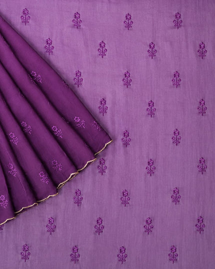 Georgette Saree with Thread Embroidery Flower Design  Kardhana Work Scallop Border - Purple