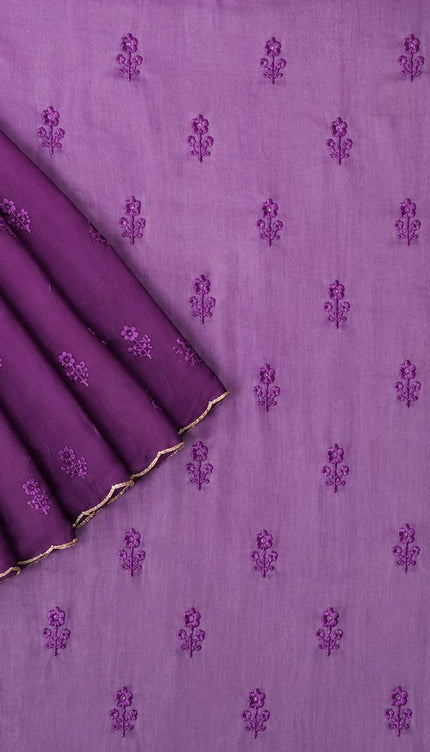 Georgette Saree with Thread Embroidery Flower Design  Kardhana Work Scallop Border - Purple