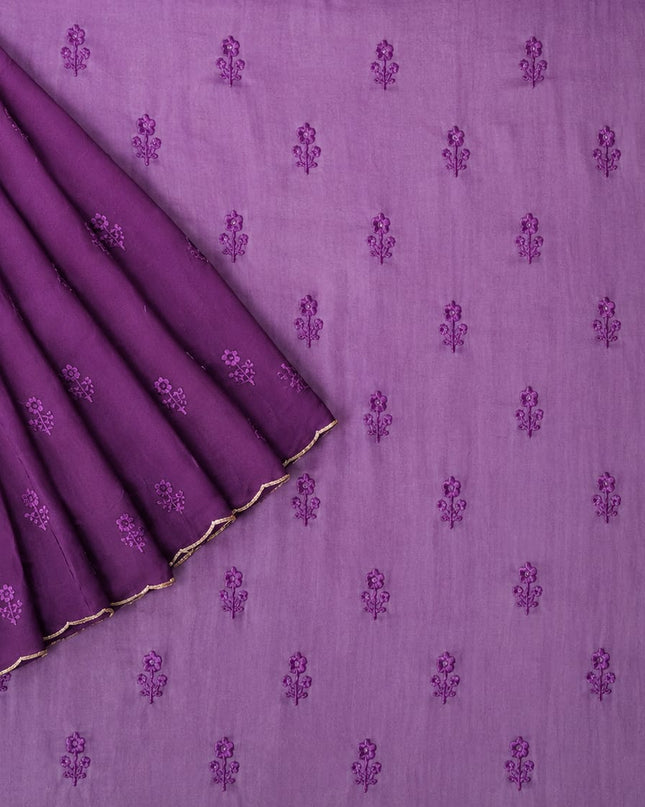 Georgette Saree with Thread Embroidery Flower Design  Kardhana Work Scallop Border - Purple