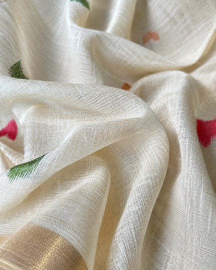 Cotton Chanderi  Jamdani  Saree with Self Weaving Floral Design - Cream & Brown