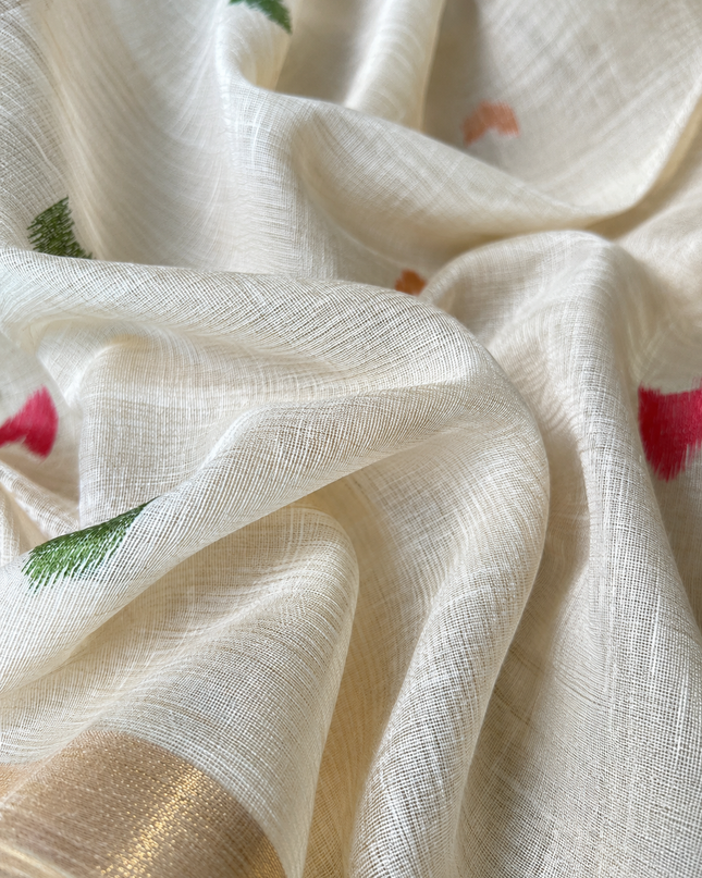 Cotton Chanderi  Jamdani  Saree with Self Weaving Floral Design - Cream & Brown