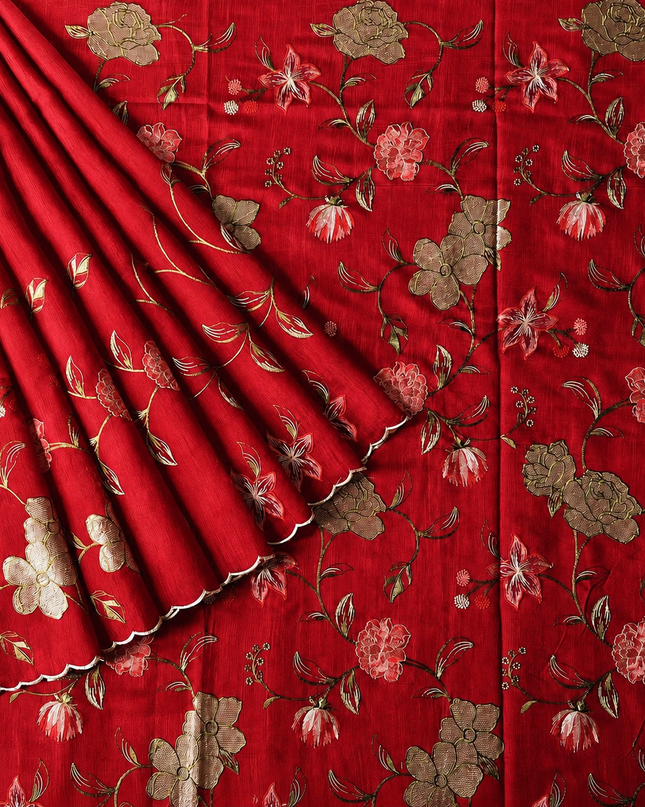 Jute Tusser Saree With All Over Thread Embroidery  Work Scallop Border - Red