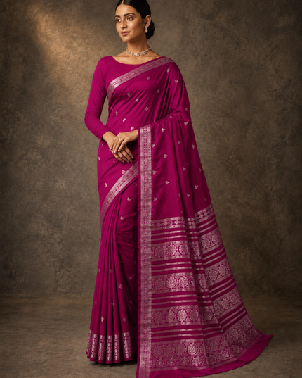 mysore silk sarees with golden zari Elephant design  Border - Magenta