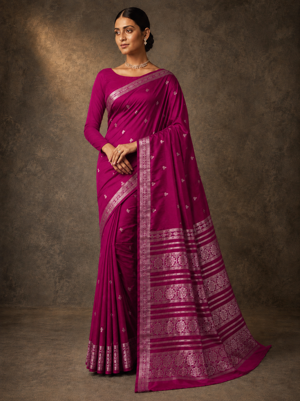 mysore silk sarees with golden zari Elephant design  Border - Magenta