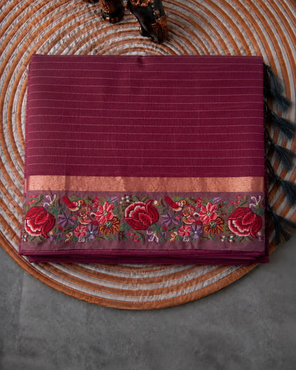 Linen Tissue Saree with Multi Stripes and Pichwai Border - Maroon